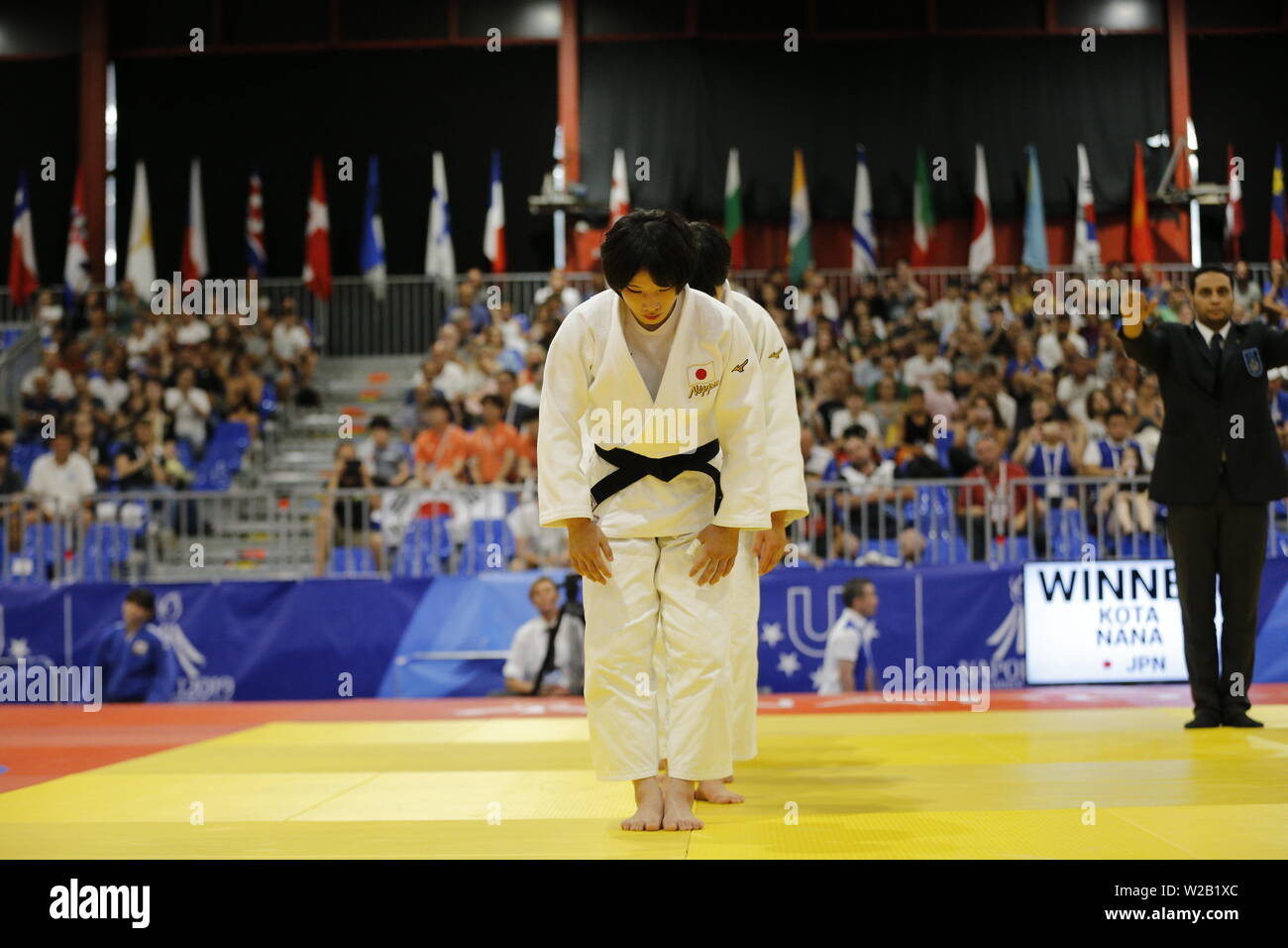 Campania. 7 Luglio, 2019. Universiade Napoli, ultimo giorno di competizioni di Judo.Italia, Napoli 7 luglio 2019 alla mostra d'oltremare di uomini e donne squadra judo finali sono state detenute. Credito: Fabio Sasso/ZUMA filo/Alamy Live News Foto Stock