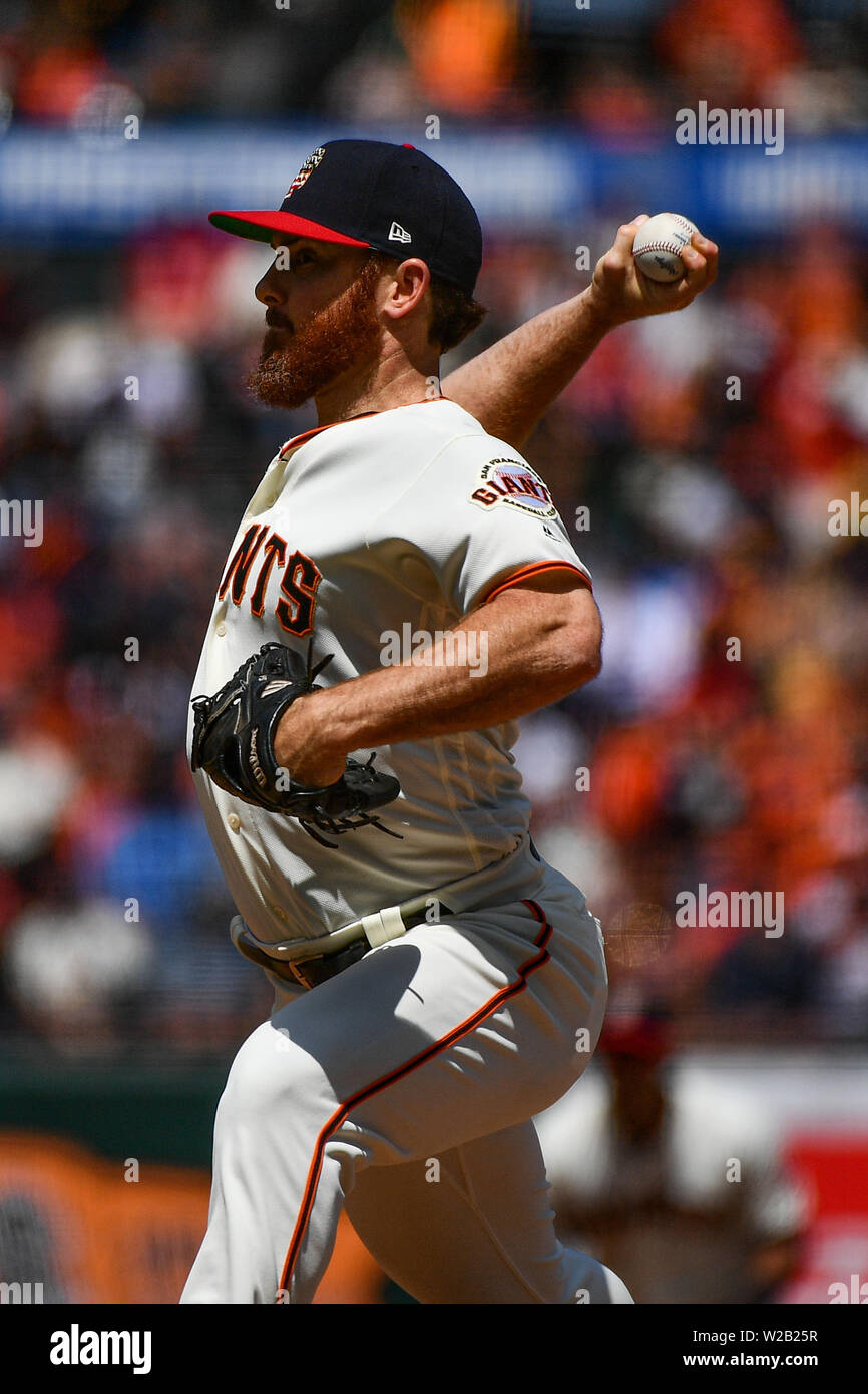 Luglio 7, 2019:San Francisco Giants relief pitcher Sam Dyson (49) in azione durante la partita MLB tra St. Louis Cardinals e i San Francisco Giants presso Oracle Park di San Francisco, California. Chris Brown/CSM Foto Stock