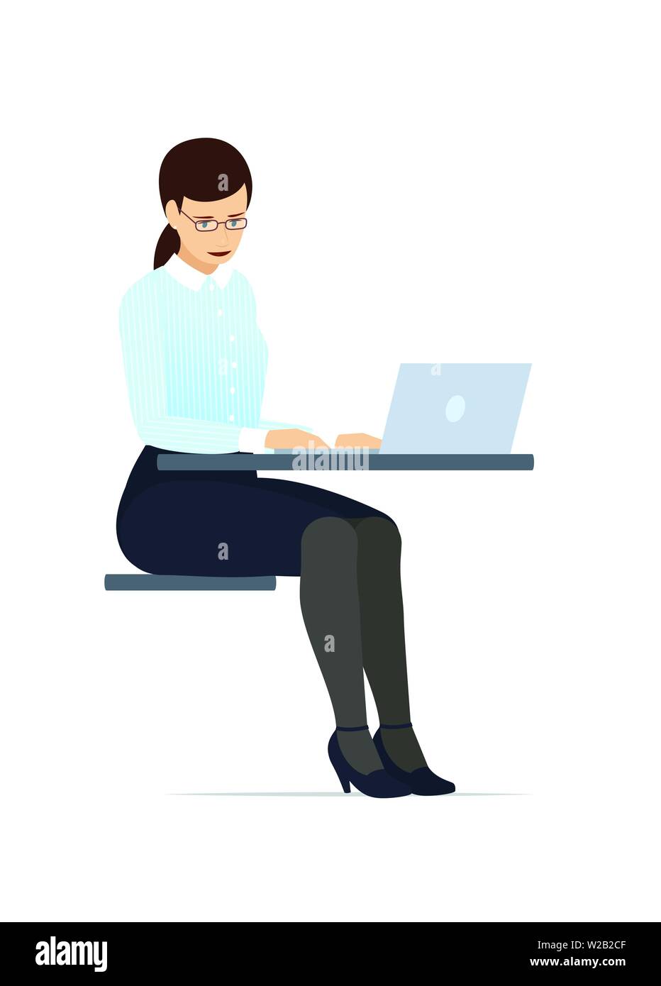 Business Woman in bicchieri e tuta, lavorando su un computer portatile. Uno stile piatto illustrazione vettoriale. Illustrazione Vettoriale