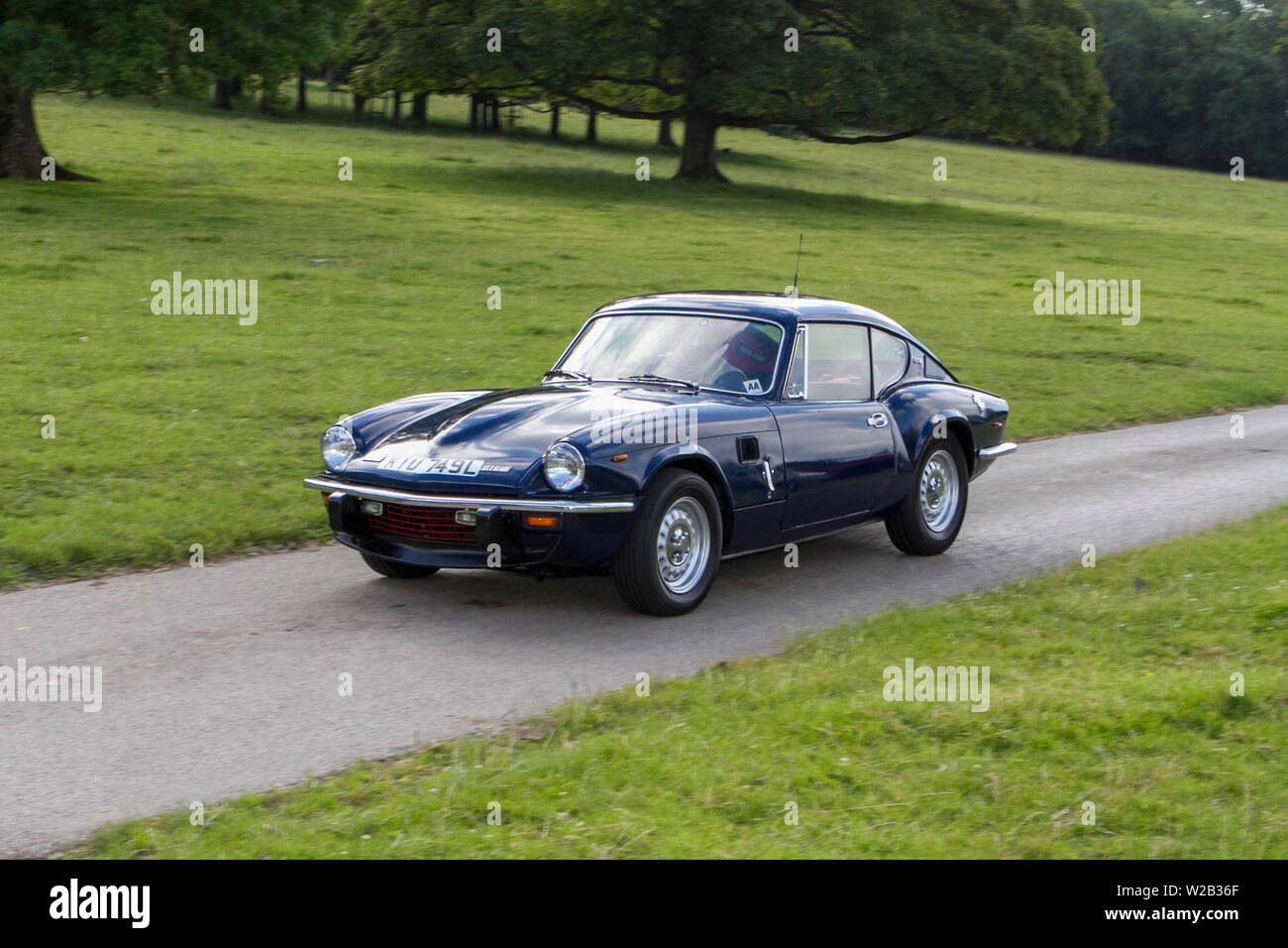 1972 anni '70 blu Triumph GT6; storici, motori vintage e collezionabili Leighton Hall trasporto raccolta di auto e veicoli veterani di ieri. Foto Stock