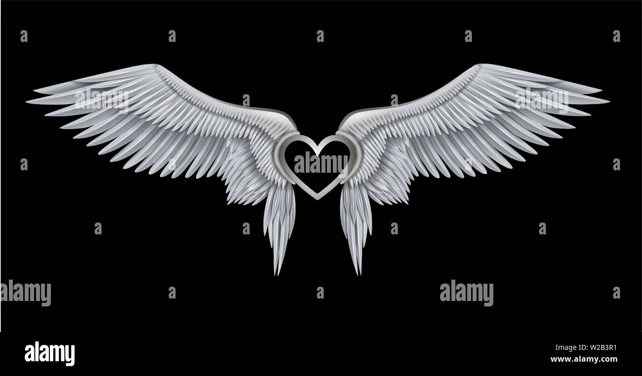 Cuore d'argento su bianco realistico ali d'angelo Illustrazione Vettoriale