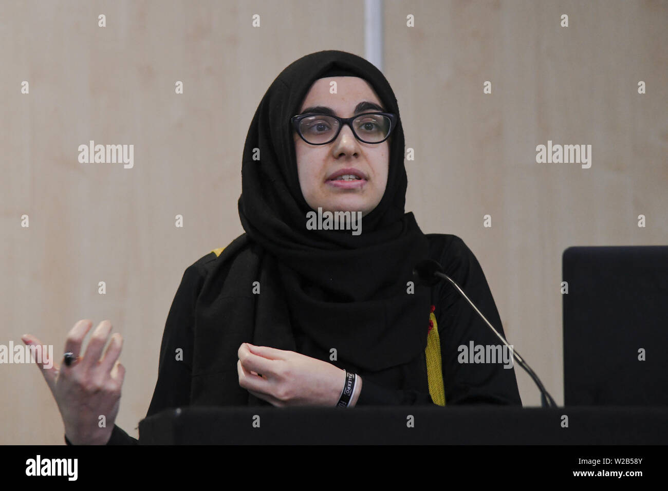 Oratori di Ayse Kotan, Walla Al Husban, Sumeyye Sakarya e Sheheen Kattiparambi critica di studi islamici in Palestina Expo 2019 il 7 luglio 2019, a Londra Olympia, UK. Foto Stock