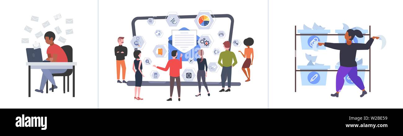 Impostare gli imprenditori utilizzando laptop social media di concetti di comunicazione insieme gente di affari per chattare online applicazione per computer flat a piena lunghezza Illustrazione Vettoriale