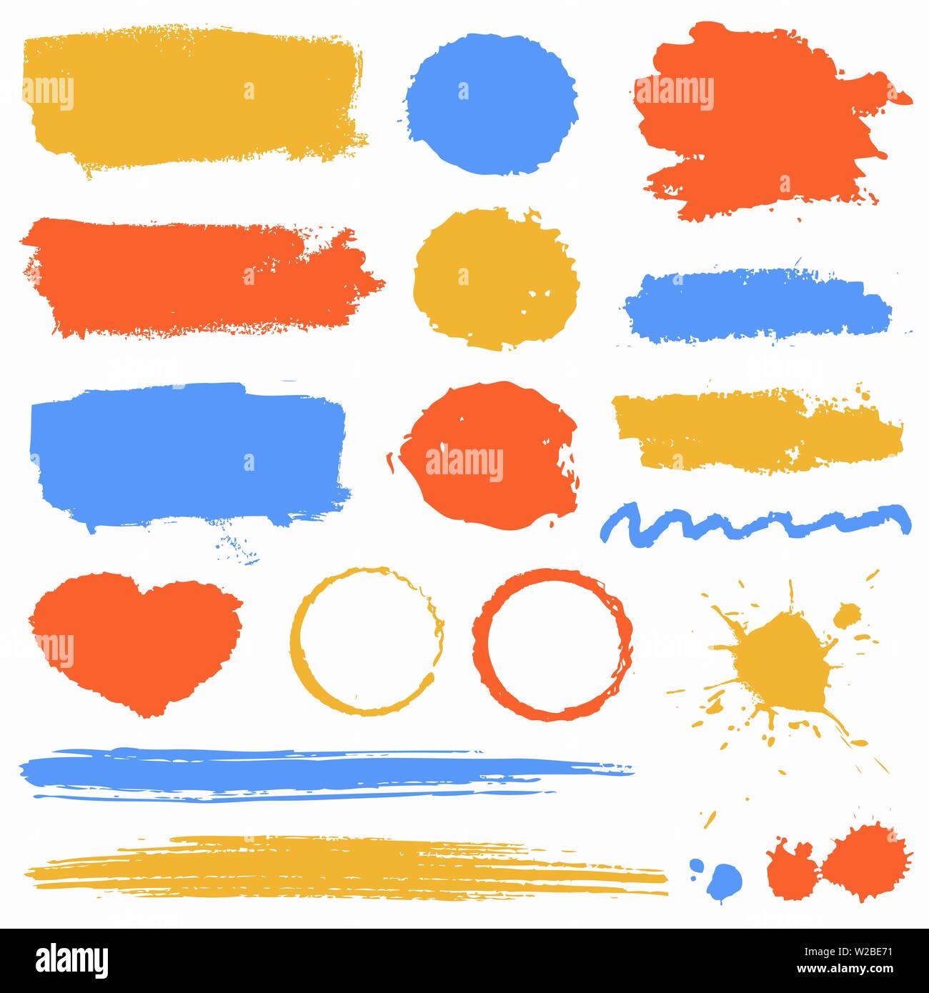 Macchie di grunge, pennellate di vernice, macchie di inchiostro isolate su sfondo bianco. Elementi vettoriali colorati per texture, cornice, sfondo. Illustrazione Vettoriale