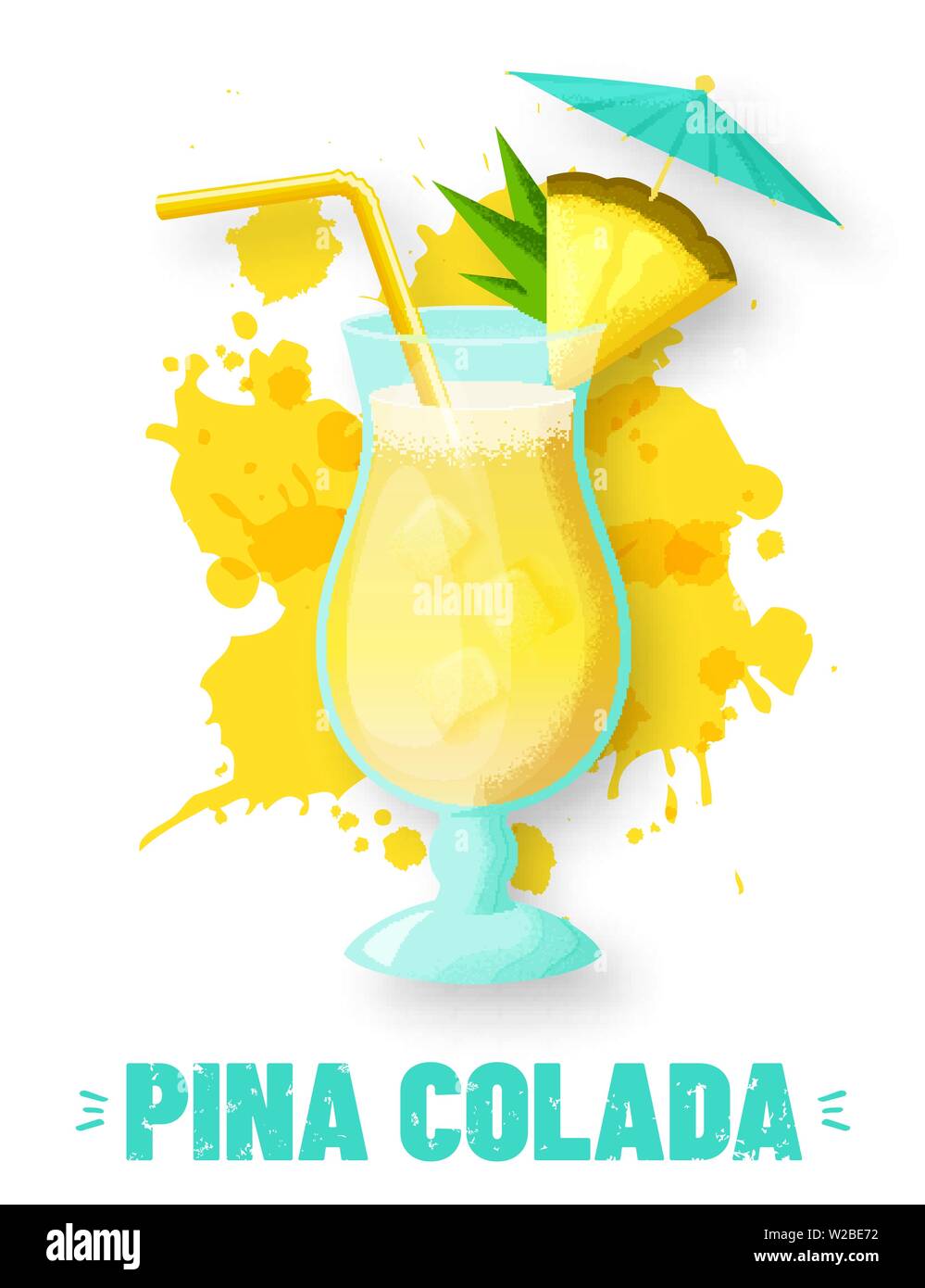 La pina colada con fetta di ananas, paglia e ombrello. Banner moderno con un bicchiere di bibita alcolica e spruzzi di succo. Illustrazione di vettore isolato su Illustrazione Vettoriale