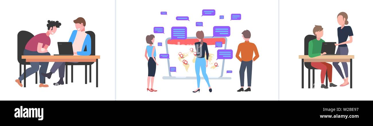 Impostare gli imprenditori utilizzando laptop social media di concetti di comunicazione insieme gente di affari per chattare online applicazione per computer flat a piena lunghezza Illustrazione Vettoriale