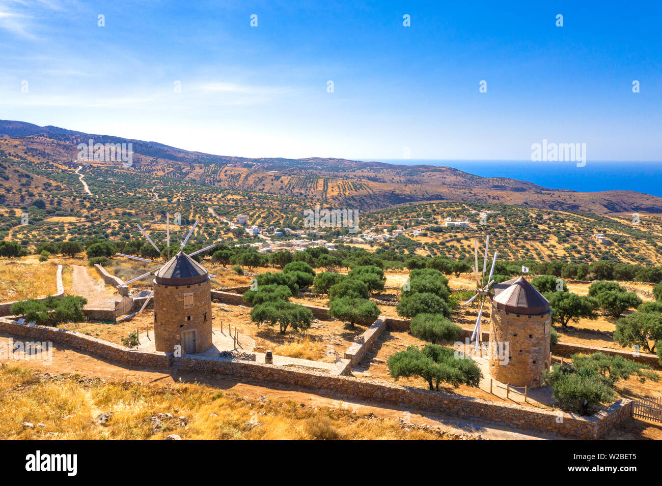 Tipico paesaggio di Mirambello con vecchi mulini a vento, oliva treesand golden amido, Creta, Grecia Foto Stock