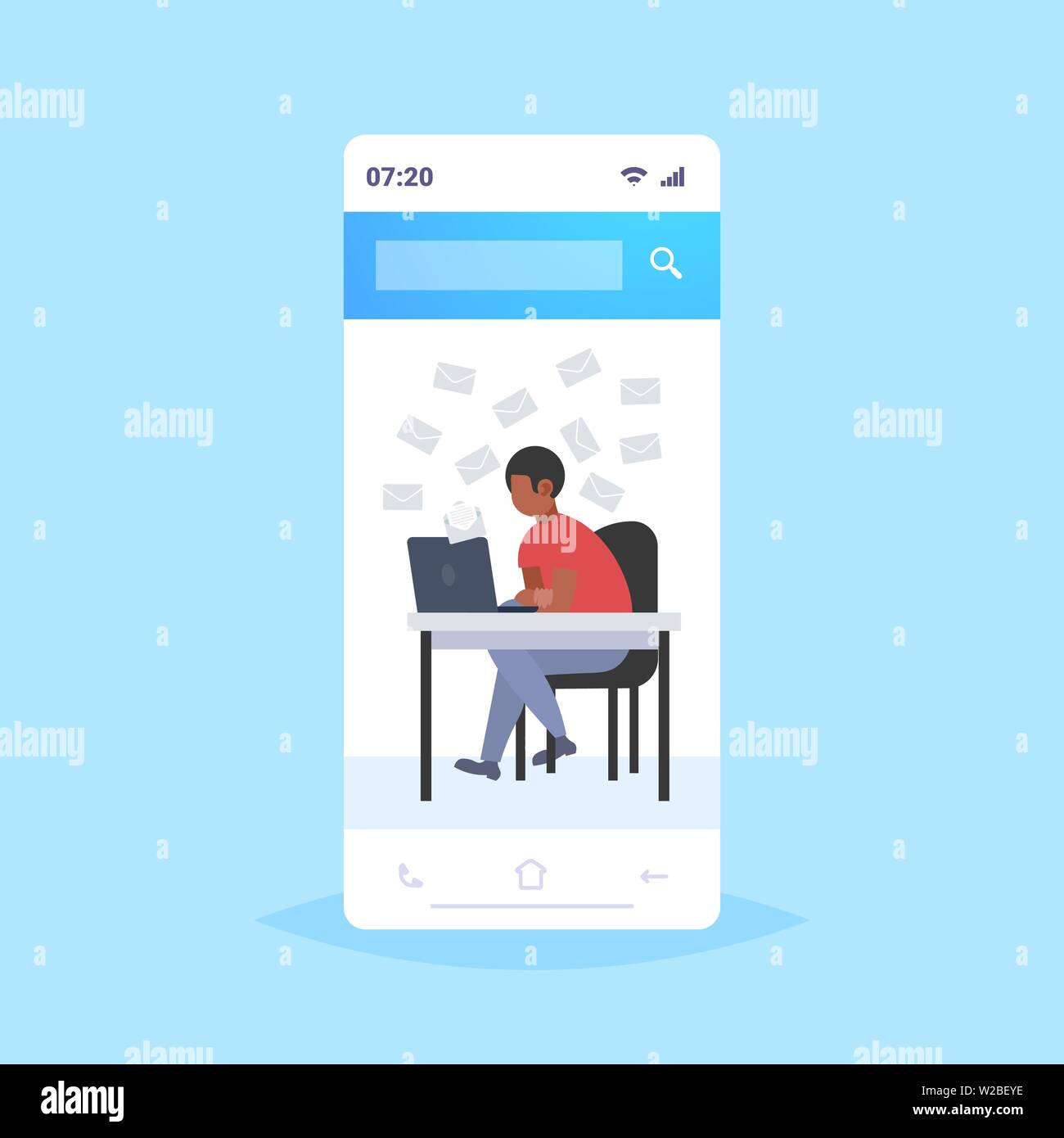 Uomo d affari con computer portatile per controllare la posta lettere di posta elettronica online il concetto di comunicazione americano africano uomo seduto alla scrivania sul posto di lavoro online mobile Illustrazione Vettoriale