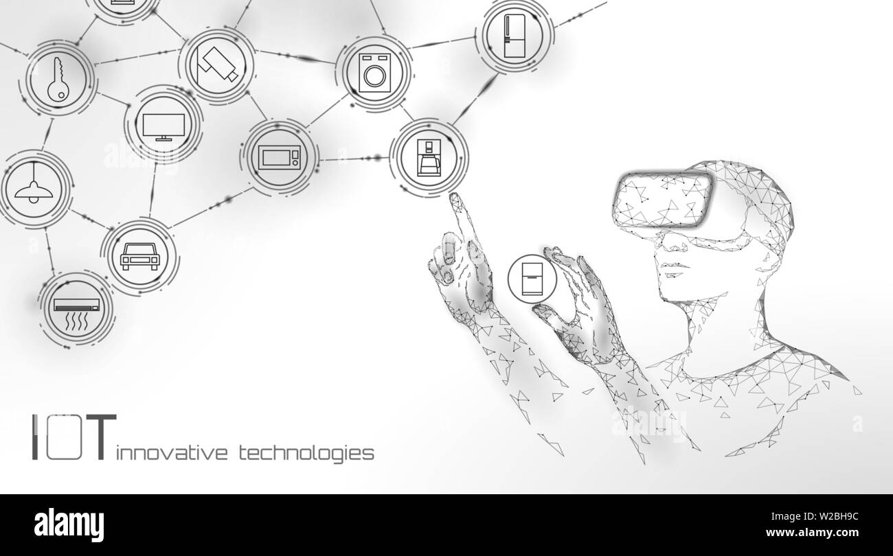 Internet delle cose il funzionamento moderno da occhiali vr innovazione tecnologia concetto. La comunicazione wireless di realtà aumentata IOT rete TIC. Home Illustrazione Vettoriale