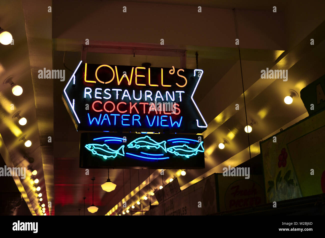 Il Pike Market Place segno di Lowell del ristorante Foto Stock
