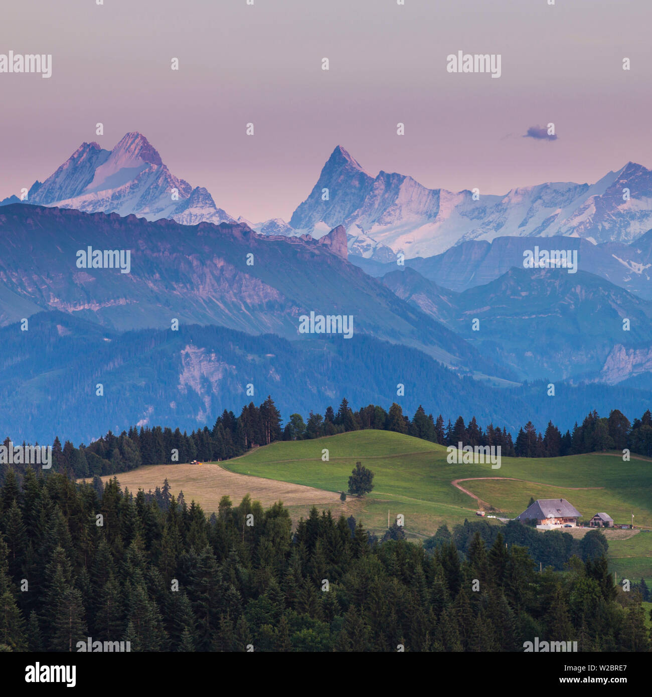 Emmental e alpi svizzere in background, Berner Oberland, Svizzera Foto Stock