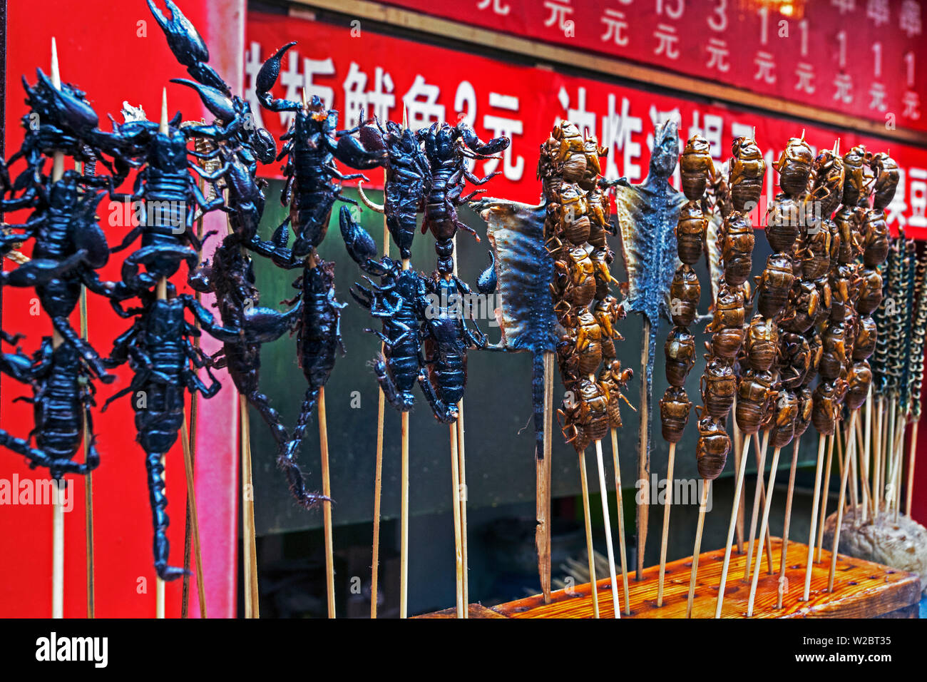 Cina, Pechino, Wangfujing Street, Snack Street Market Scorpians vendita su spiedini Foto Stock