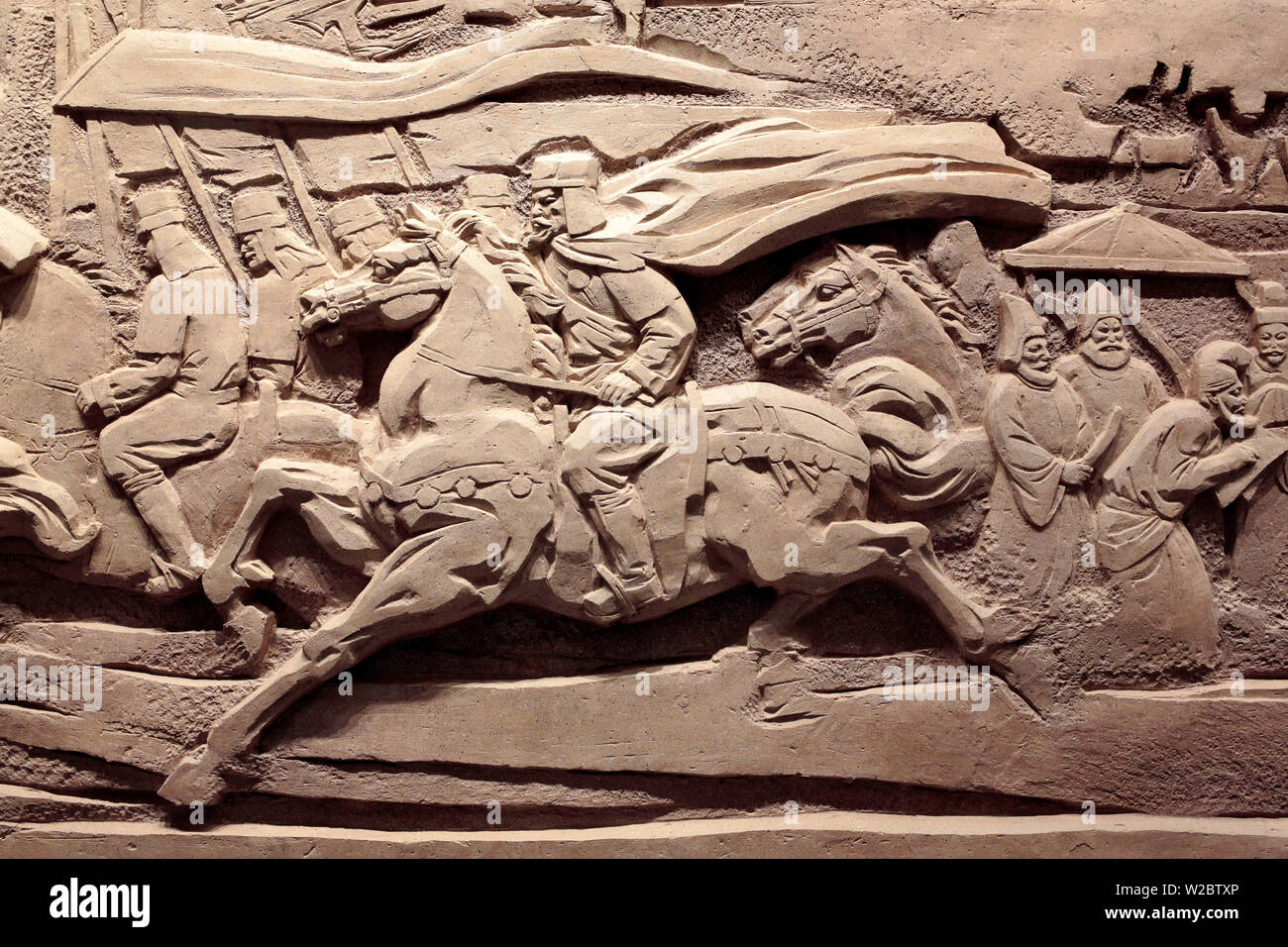 Bassorilievo, Dunhuang city museum, Dunhuang, provincia di Gansu, Cina Foto Stock