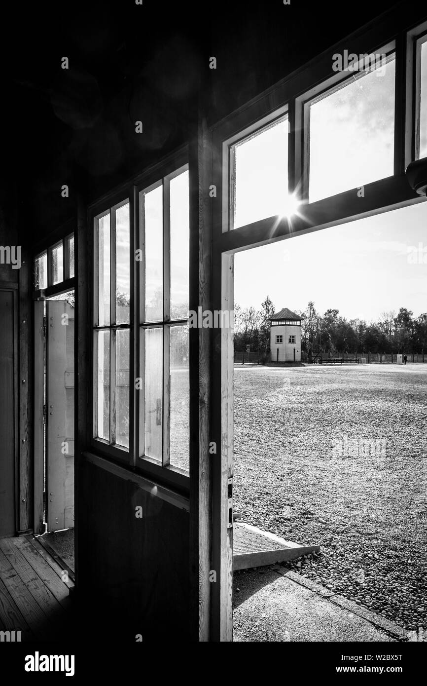 In Germania, in Baviera, Munich-Dachau, WW-2 era campo di concentramento nazista, caserma edificio, interno Foto Stock