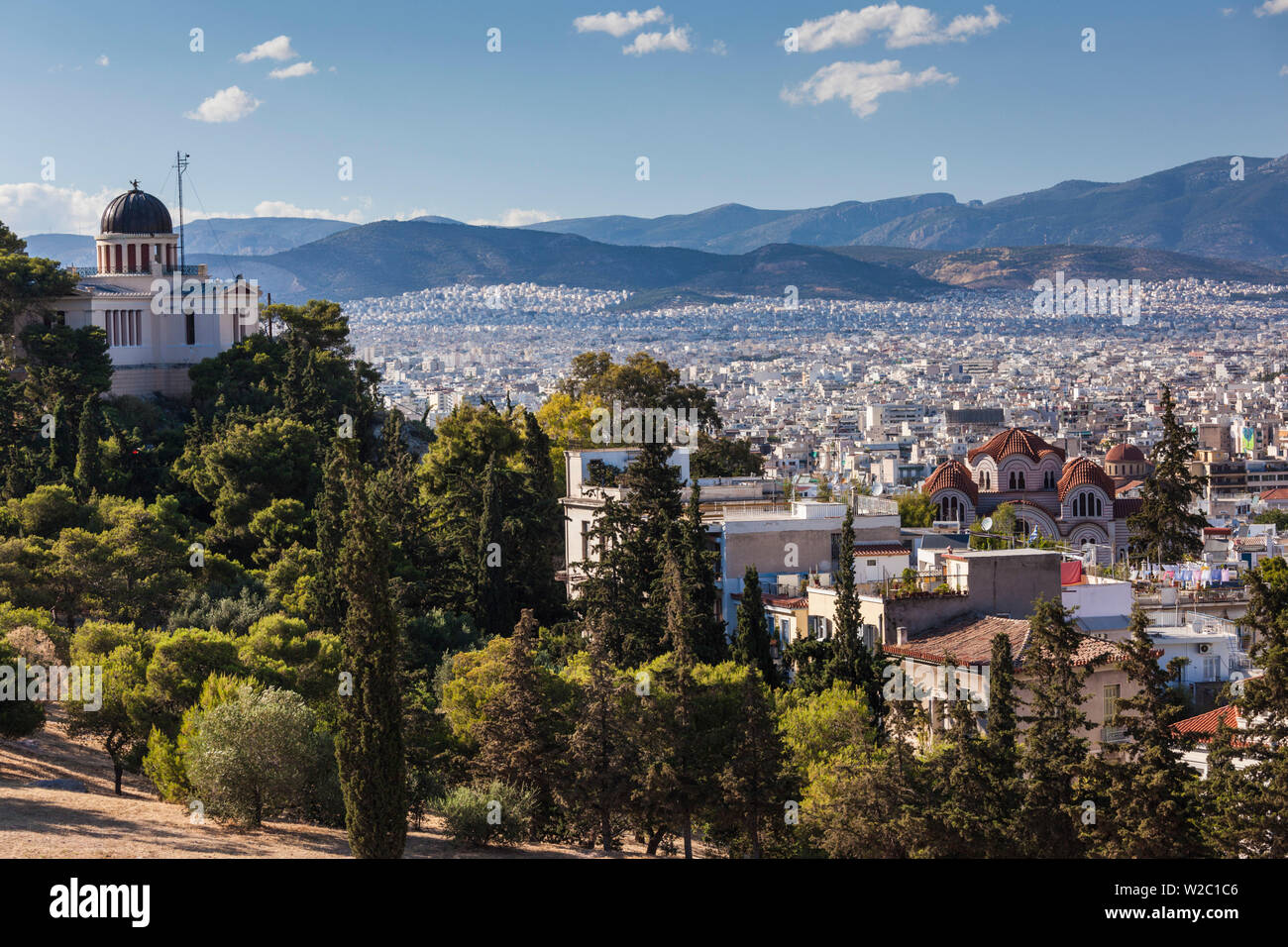 La Grecia, Atene dell'Osservatorio di Atene da Pnice Hill Foto Stock