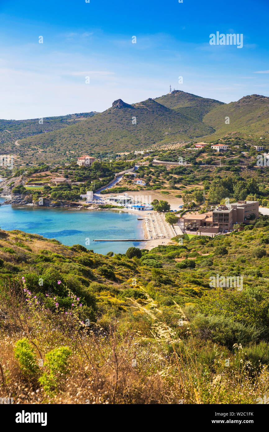 La Grecia, Attica, Capo Sounion, Sounio bay e l'Aegeon Beach Hotel Foto Stock