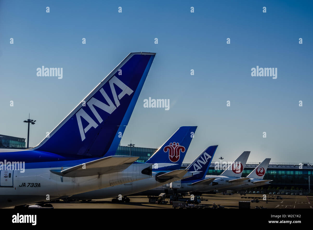 Tokyo, Giappone - 8 Maggio 2019: varie compagnie aeree ANA, JAL e China Southern Airlines docking all'Aeroporto di Haneda. Foto Stock