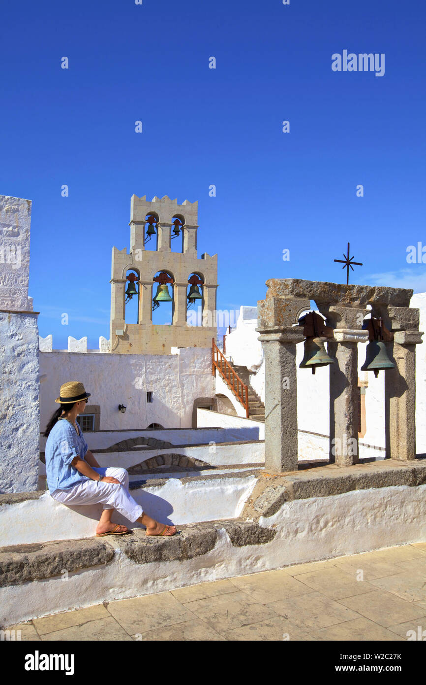 I campanili presso il Monastero di San Giovanni a Chora, Patmos, Dodecaneso, isole greche, Grecia, Europa Foto Stock