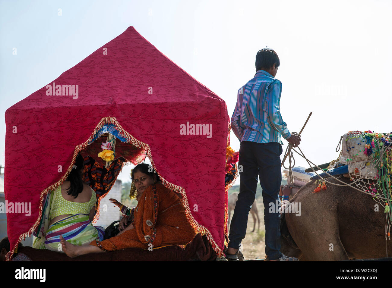 India Rajasthan, Pushkar, Pushkar Camel Fair, Indiano turisti in cammello carrello Foto Stock