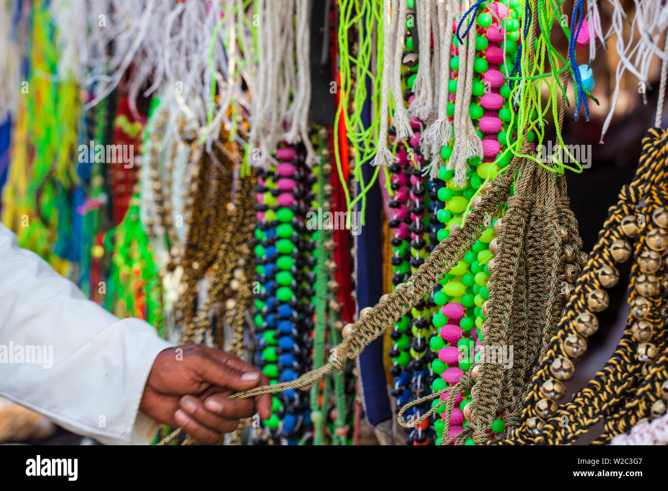 India Rajasthan, Pushkar, bancarella vendendo camel decorazioni e abbellimenti a Pushkar Camel Fair Foto Stock