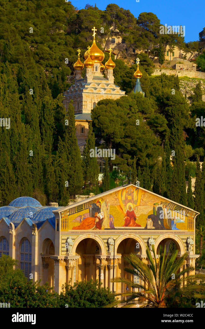 Basilica dell agonia e la chiesa di Santa Maria Magdelene, giardino del Getsemani, Gerusalemme, Israele, Medio Oriente Foto Stock