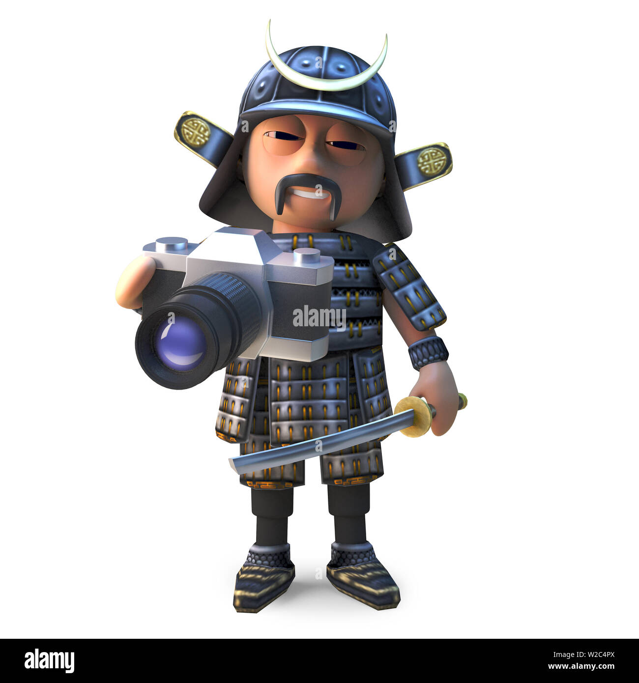 Brave giapponese samurai warrior di scattare le foto con la sua nuova fotocamera, 3D render illustrazione Foto Stock Brave giapponese samurai warrior di scattare le foto con la sua nuova fotocamera, 3D render illustrazione Foto Stock