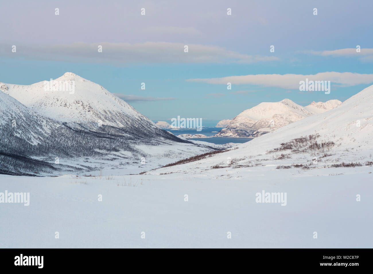 Paesaggio Innevato su Kvaloya vicino a Tromso, regione di Troms, Norvegia Foto Stock