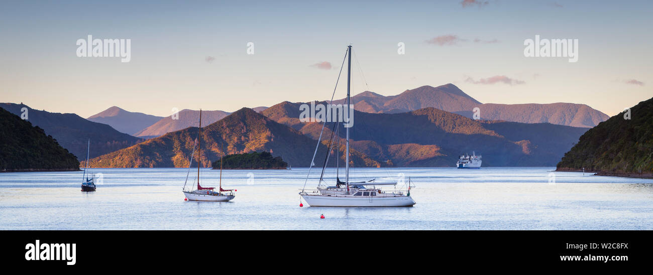 Yacht ancorati sulle idilliache Queen Charlotte Sound, Picton Marlborough Sounds, Isola del Sud, Nuova Zelanda Foto Stock