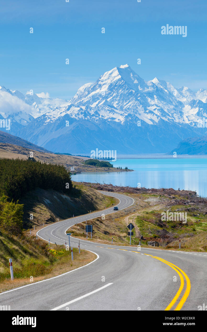 Mount Cook (Aoraki), il Lago Pukaki, Mackenzie Country, Canterbury, Isola del Sud, Nuova Zelanda Foto Stock