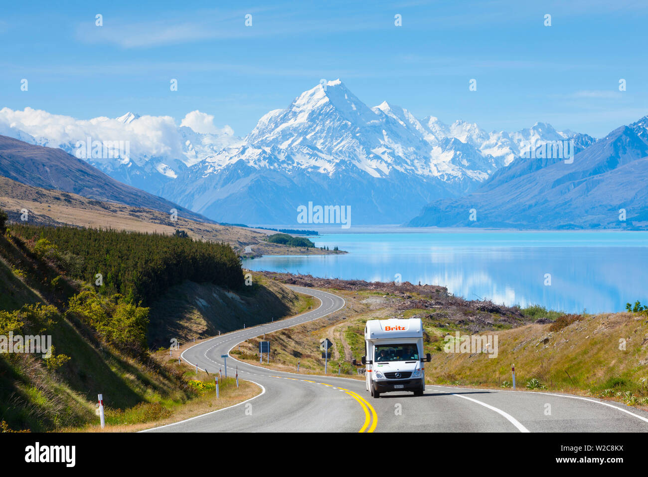 Mount Cook (Aoraki), il Lago Pukaki, Mackenzie Country, Canterbury, Isola del Sud, Nuova Zelanda Foto Stock