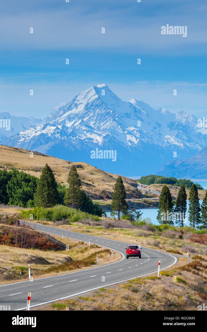 Mount Cook (Aoraki), il Lago Pukaki, Mackenzie Country, Canterbury, Isola del Sud, Nuova Zelanda Foto Stock
