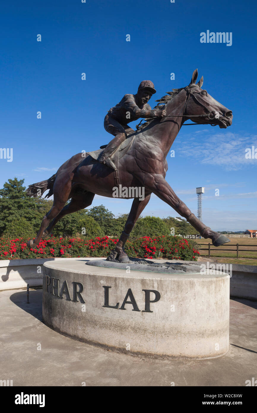 Nuova Zelanda, isola del sud, Canterbury, Timaru, statua di Phar Lap, campione un cavallo da corsa Foto Stock