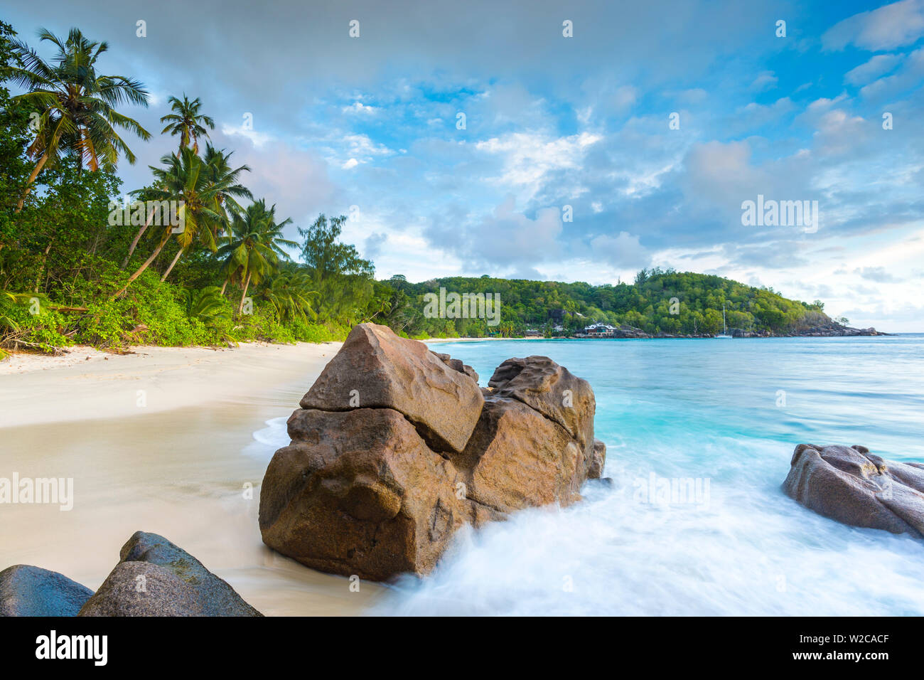 Le palme e la spiaggia tropicale, southern Mahe, Seicelle Foto Stock