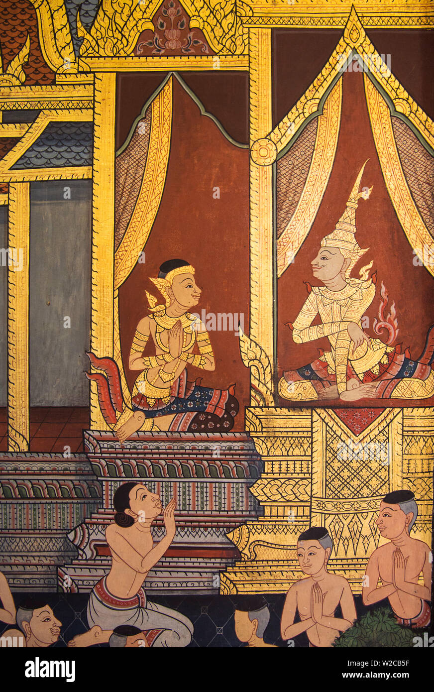 Murale di Wat Pho (il Tempio del Buddha Reclinato), Bangkok, Thailandia Foto Stock