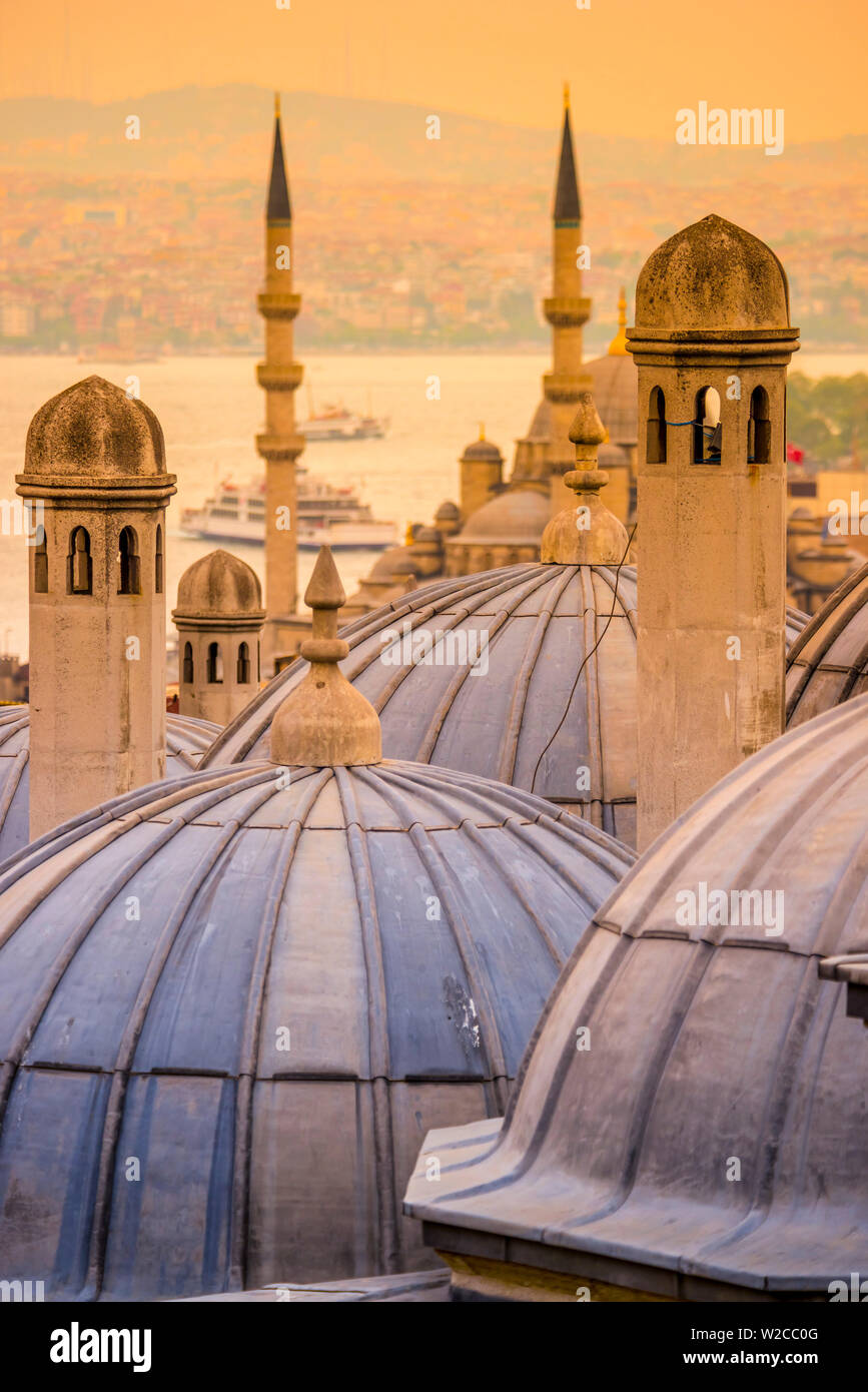 Turchia, Istanbul, Sultanahmet , delle cupole della Moschea Suleymaniye (di Suleymaniye Camii) complesso con nuova moschea (Yeni Camii) al di là di Foto Stock