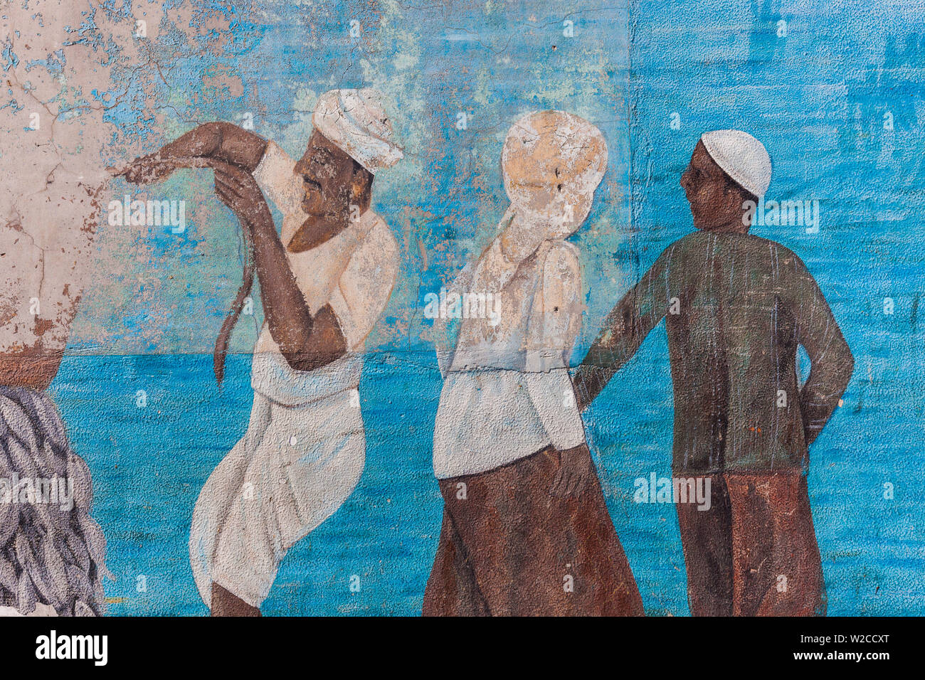 I UAE Dubai, Deira, Dubai Mercato del Pesce, pescatori murales Foto Stock