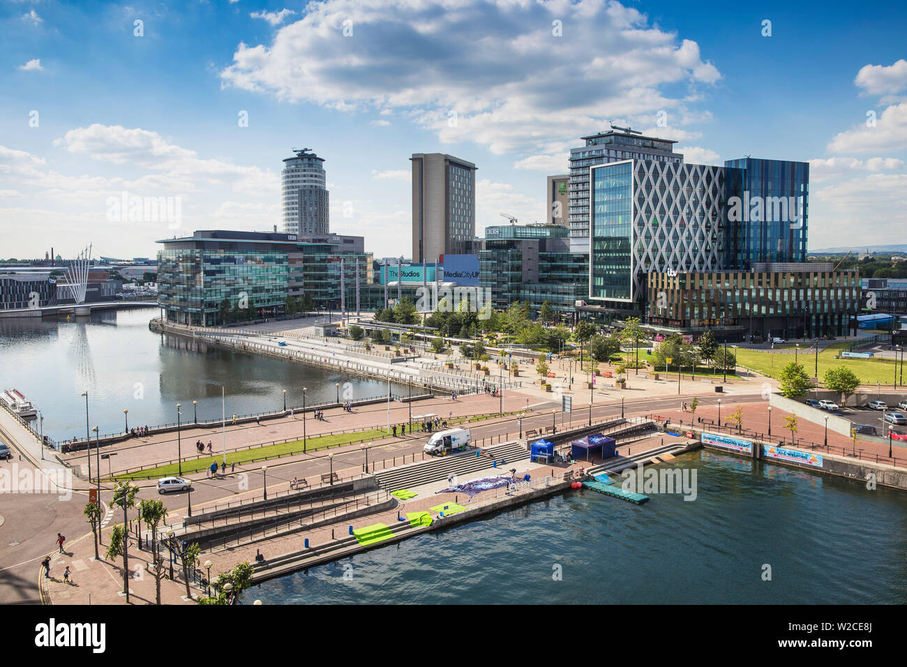 Regno Unito, Inghilterra, Manchester, Salford, vista di Salford Quays guardando verso il Media City Foto Stock