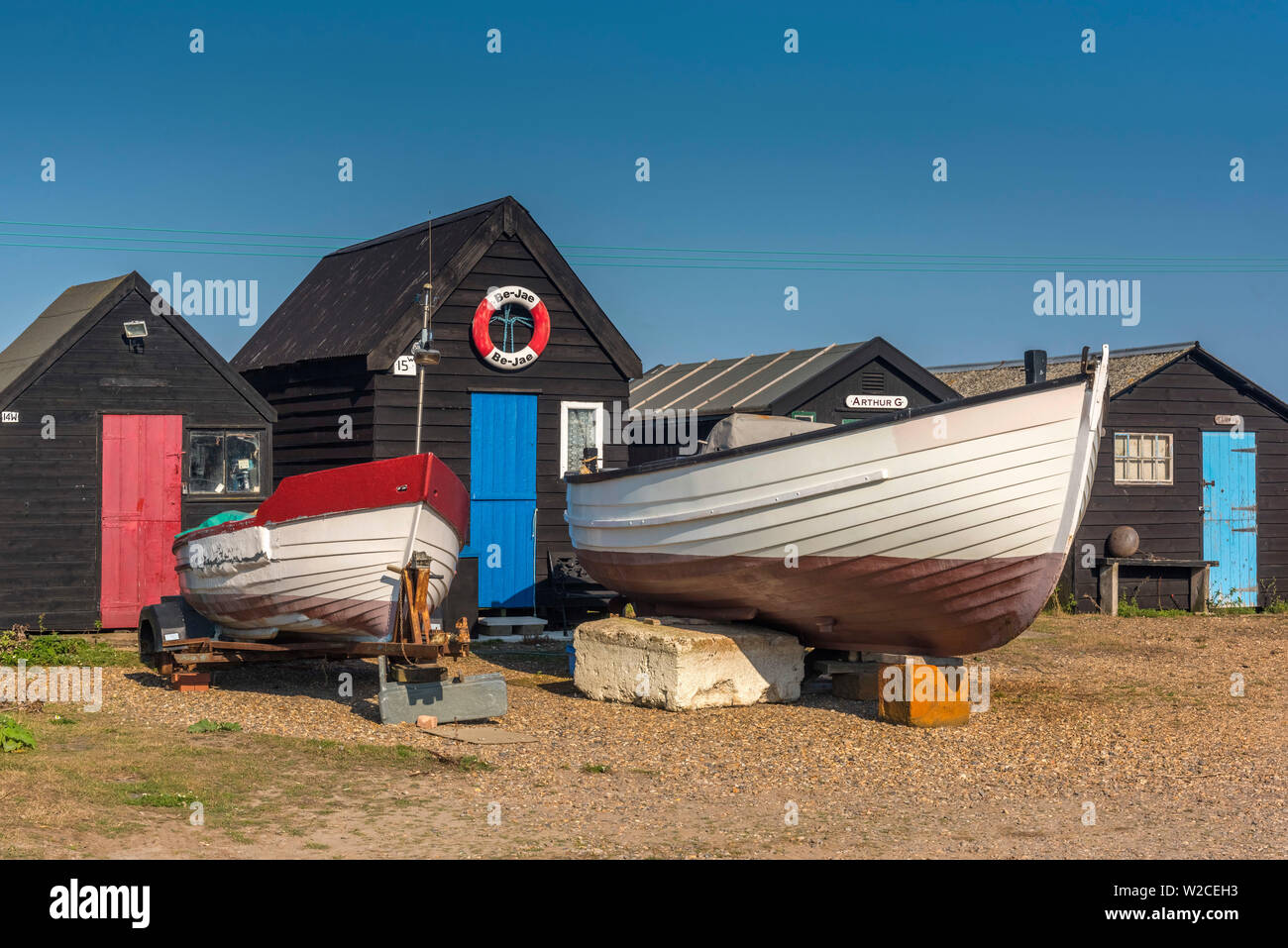 Regno Unito, Inghilterra, Suffolk, Southwold, Fiume Blyth, pescatori di capanne Foto Stock