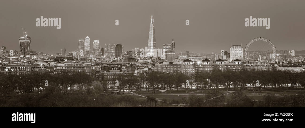 La Shard, Canary Wharf e il London Eye al di sopra di Hyde Park, London, England, Regno Unito Foto Stock