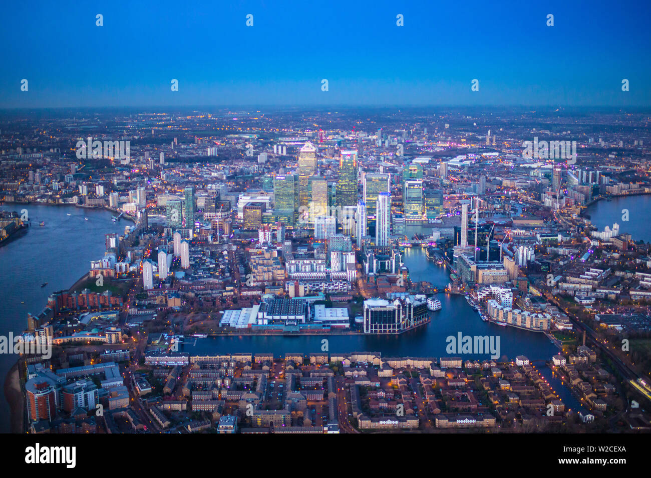 Veduta aerea a Canary Wharf e Isle of Dogs, Londra, Inghilterra Foto Stock
