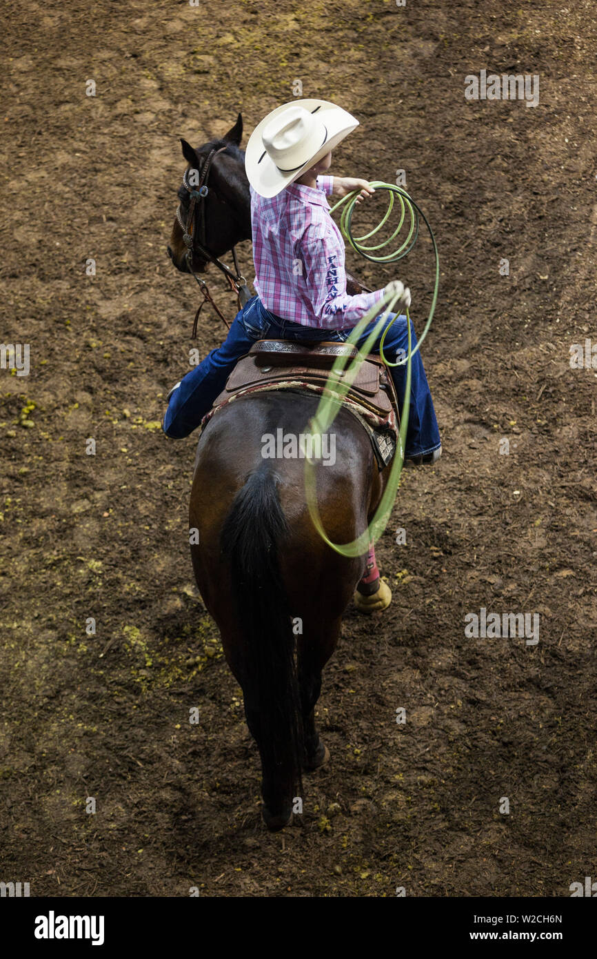 Stati Uniti d'America, Oklahoma, Oklahoma City, Oklahoma State Fair Park, Cowboy Rodeo Concorrenza, cowboy Foto Stock