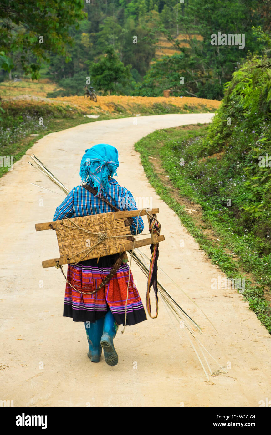 Fiore donna Hmong camminando lungo la strada, nr Bac Ha, nr Sapa, il Nord Vietnam Foto Stock