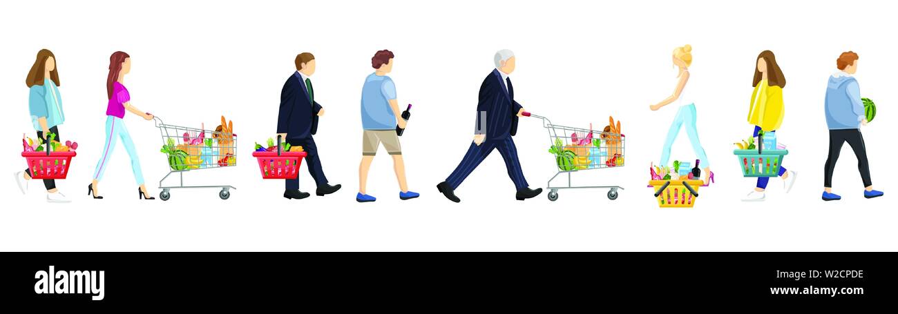 People shopping insieme. Donne e uomini isolati di raccolta su bianco illustrazione vettoriale Illustrazione Vettoriale