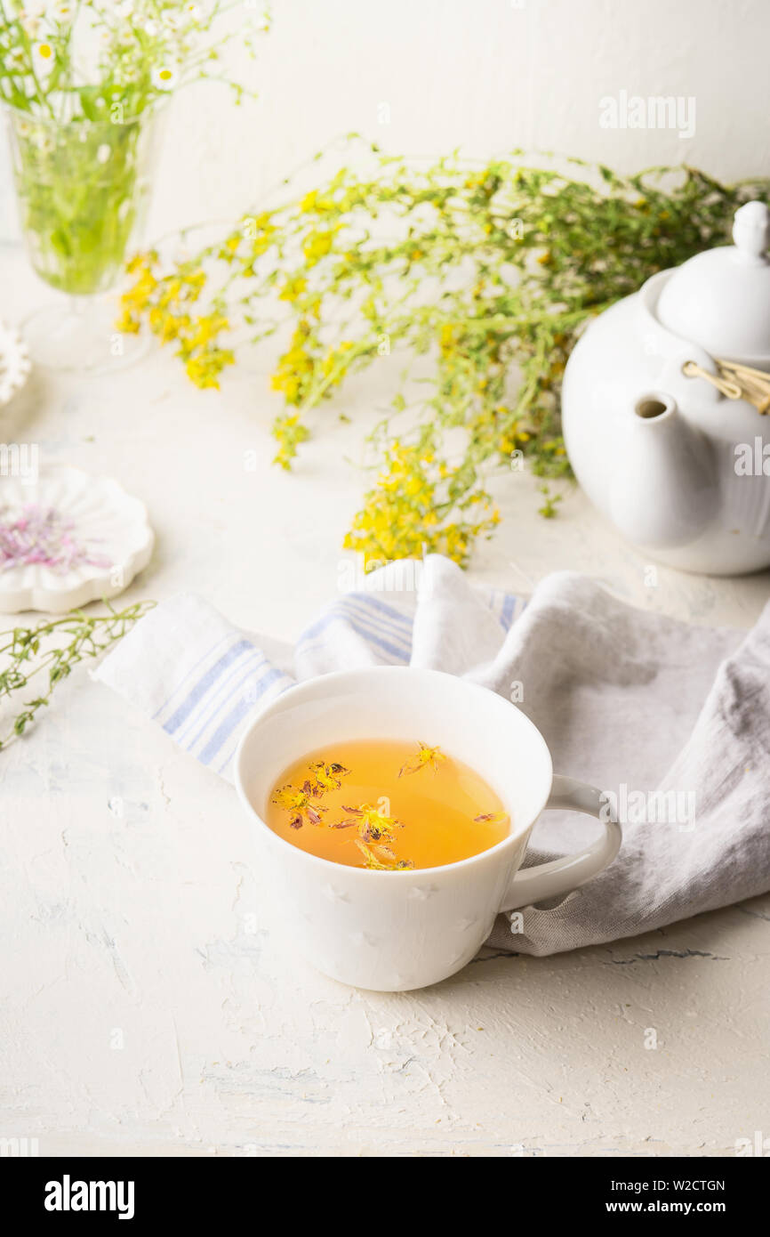 Tazza di tè alle erbe sul tavolo bianco con teiera e fresche erbe mediche e fiori. Potenziare il sistema immunitario e il sistema digestivo. Una sana rimedi naturali Foto Stock