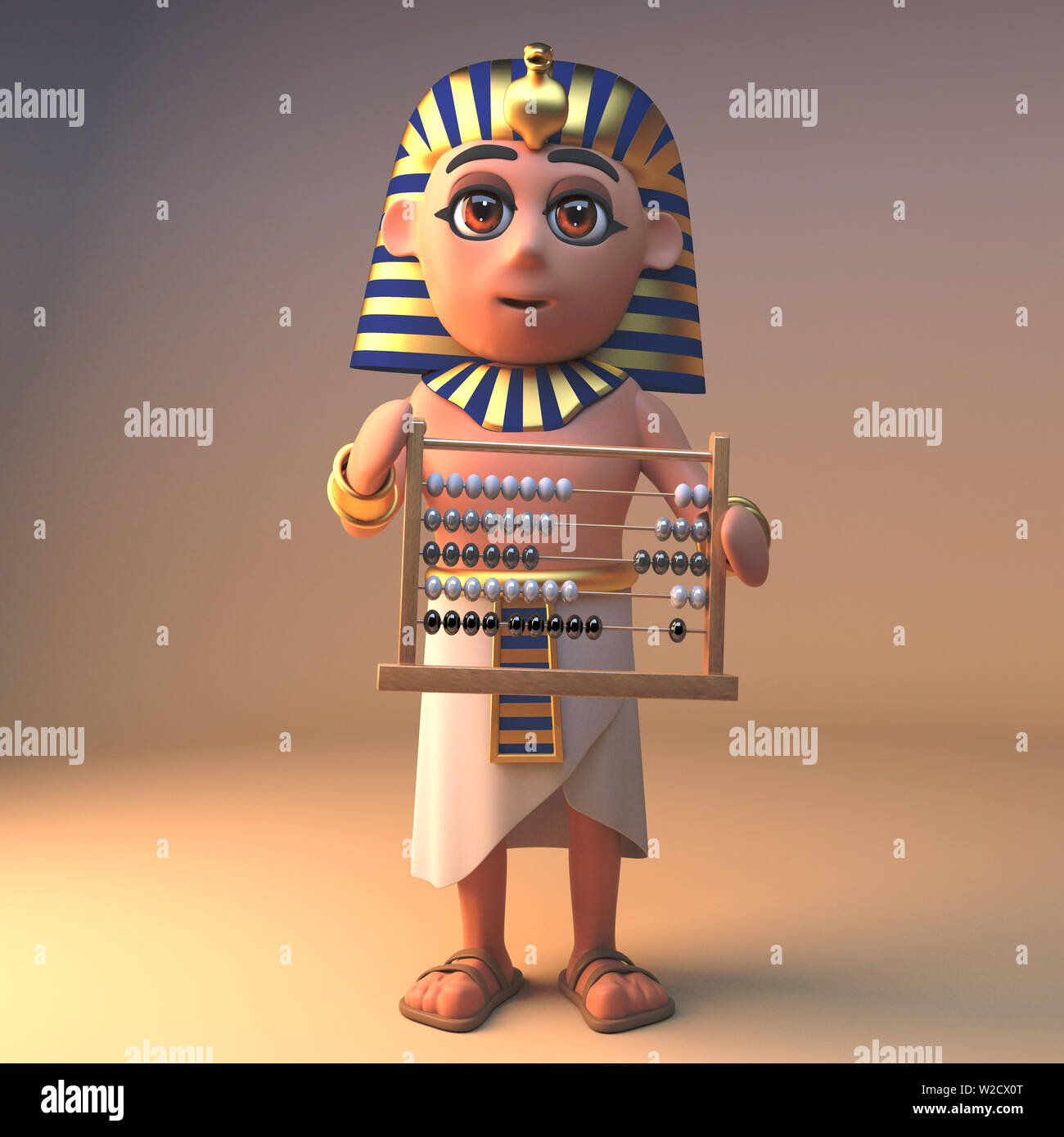 Potente faraone Egizio Tutankhamon usando un abaco, 3D render illustrazione Foto Stock