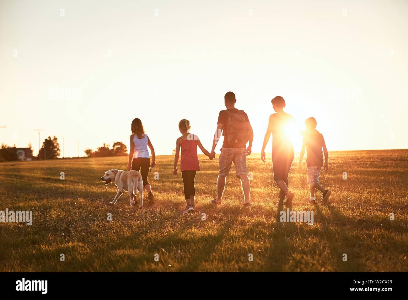 Vacanze in campagna. Sagome di famiglia con il cane a camminare sul prato al tramonto. Foto Stock