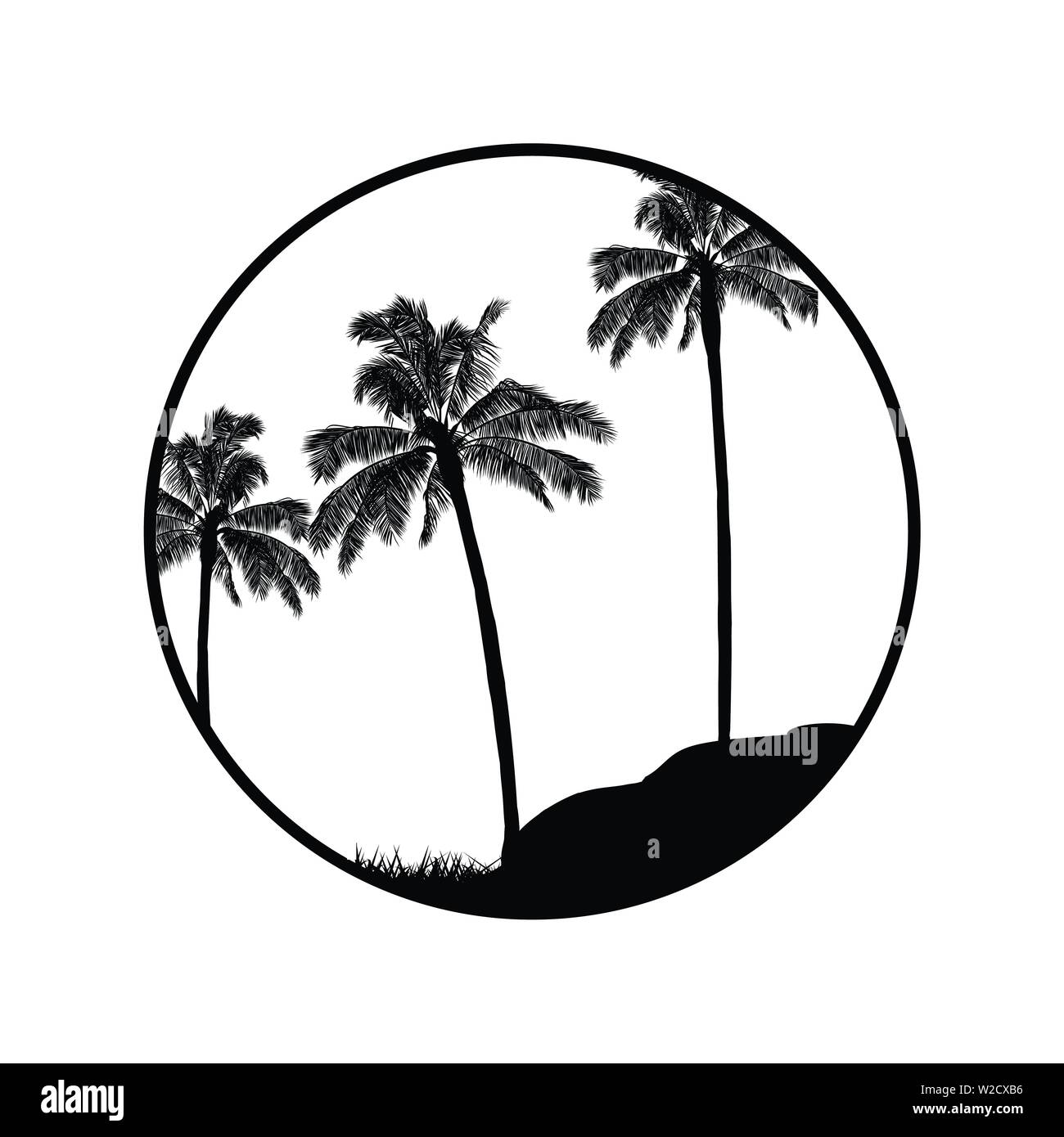 Palme silhouette nera foresta in un bordo circolare sopra con alberi di Rock e di erba Illustrazione Vettoriale