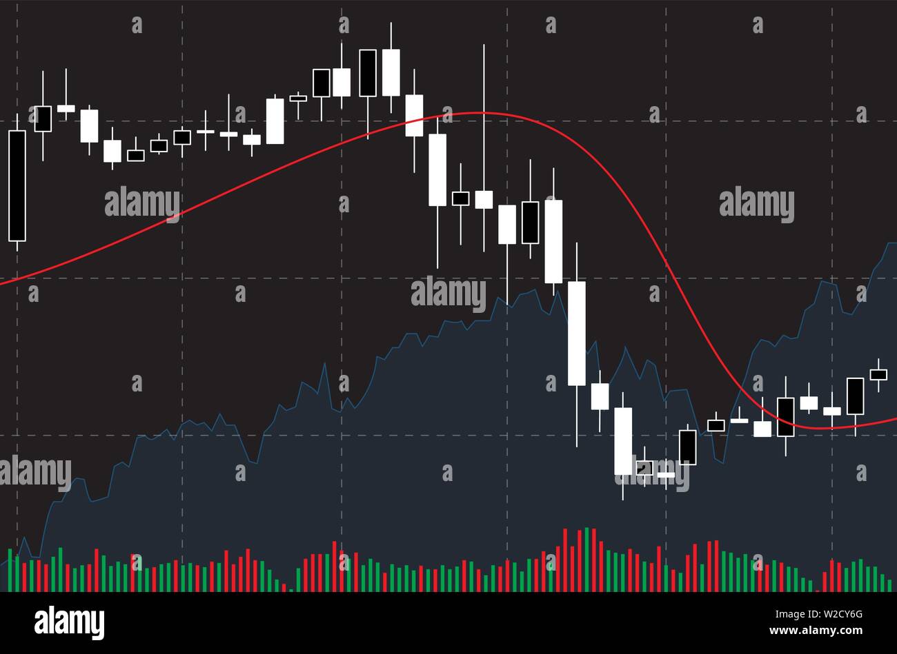 Candele giapponesi in bianco e nero che mostra grafico tendenza ribassista mercato su sfondo nero con indicatori: Volume, media mobile. Illustrazione Vettoriale