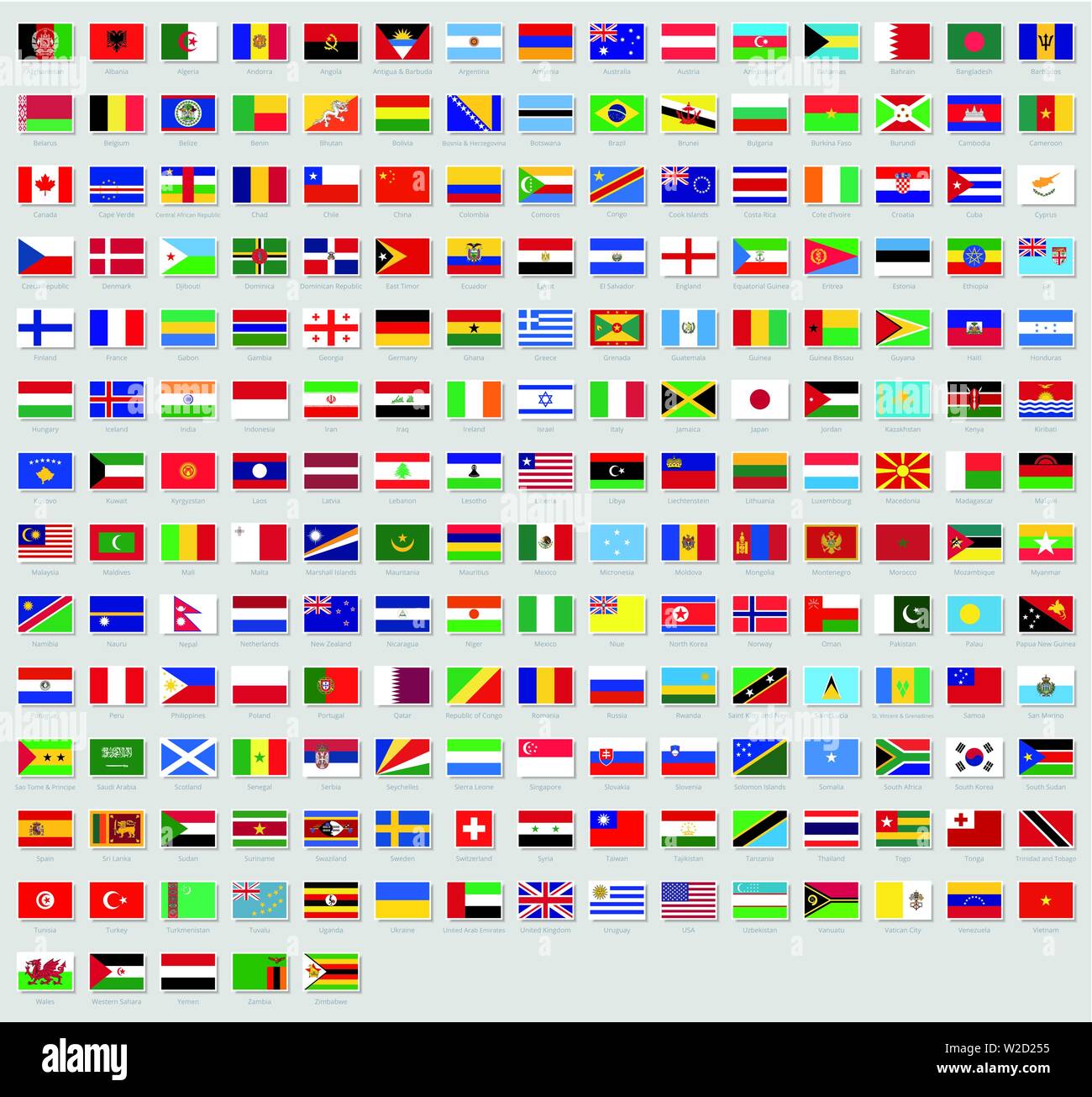 Tutte le bandiere nazionali di tutto il mondo gli adesivi con i nomi. Adesivi bandiere. Alta qualità bandiera vettore isolato su sfondo grigio Illustrazione Vettoriale