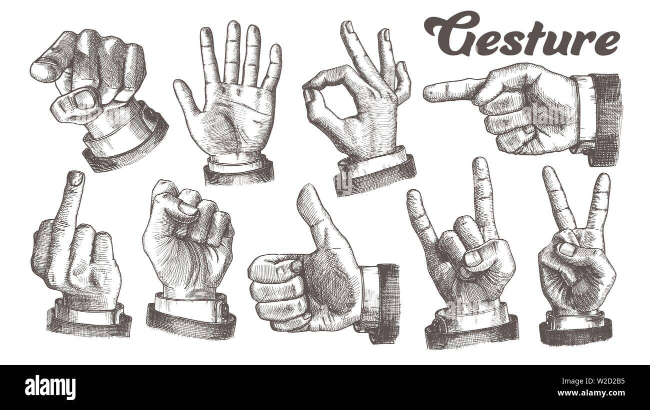 Più maschio mano caucasica gesto vettore Set Illustrazione Vettoriale